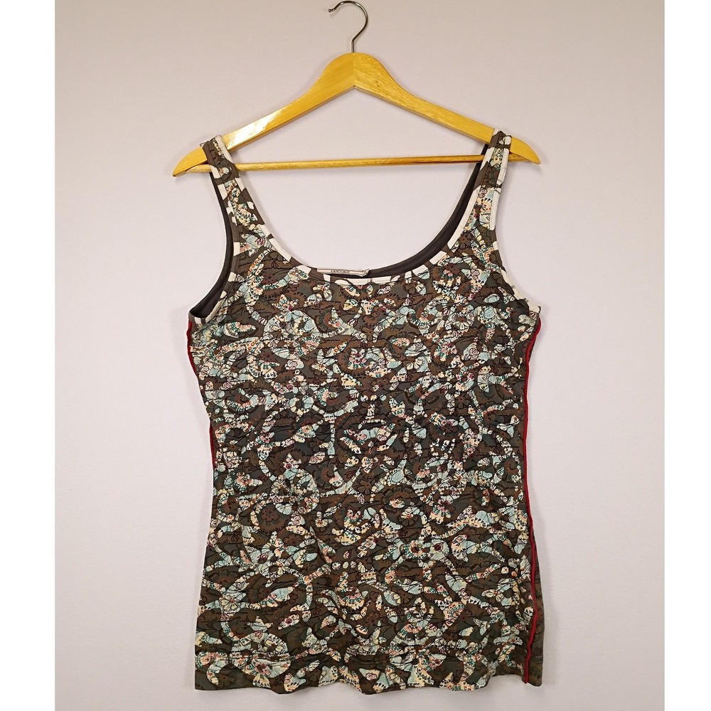 Boho Art to Wear Language Womens Small Olive Floral Paisley Cotton Tank Top USA